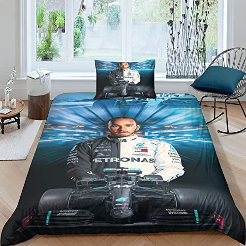 CIFEAR F1-Rennen Bettwäsche 3D Bettbezug, F1-Fahrer Set Bettwäsche Set Bettbezüge Mikrofaser Bettbezug Mit Reißverschluss Und Kissenbezug Single(135x200cm)