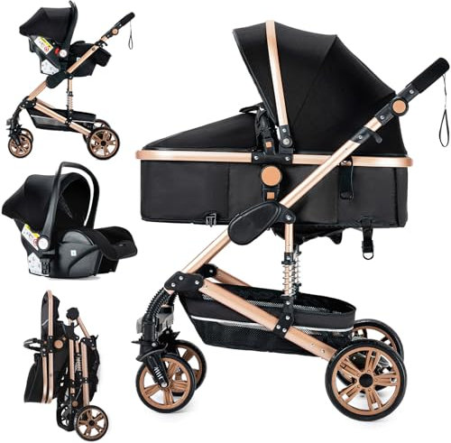 MoLi Kinderwagen 3 in 1, Kinderwagen mit Umkehrbarem Doppelschiebemodus, Buggy mit Großer Bequemer Babywanne, Kombikinderwagen 3 in 1 Rahmen Aluminiumlegierung Faltbar Hohe Landschaft (739 Black Gold)