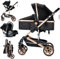 MoLi Kinderwagen 3 in 1, Kinderwagen mit Umkehrbarem Doppelschiebemodus, Buggy mit Großer Bequemer Babywanne, Kombikinderwagen 3 in 1 Rahmen Aluminiumlegierung Faltbar Hohe Landschaft (739 Black Gold)