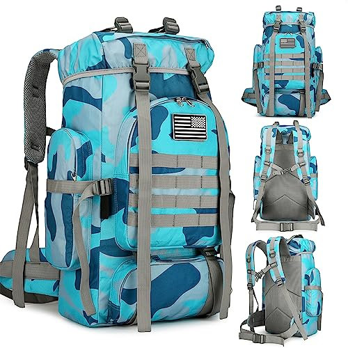 45L Wanderrucksack Wasserdicht Reiserucksack Leichter Outdoor Daypack Camping Rucksack für Männer Frauen, blau camouflage, 21.6*9.8*13.7 inches, Wanderrucksack