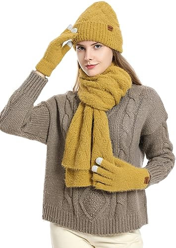 CAMLAKEE Damen Mütze Schal Handschuhe Set Frauen Winter Beanie Wintermütze DamenSchal Handschuh für Teenager Mädchen Gelb