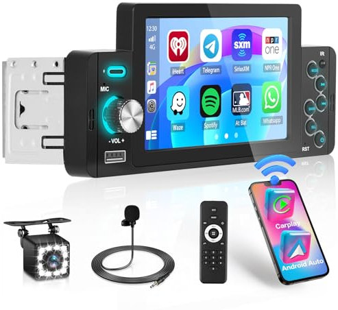 Hikity Autoradio 1 Din con Schermo Wireless CarPlay, 5 Pollici Touch Screen Bluetooth Stereo Android Auto senza fili, Retrocamera FM EQ MIrror Link Tipo-C USB