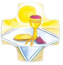 FRITZ COX Croix de communion pour la maison - Calice, pain, raisins - Cadeau pour les enfants de communion, les filles et les garçons - Durable et moderne - Croix murale en bois - 9 cm