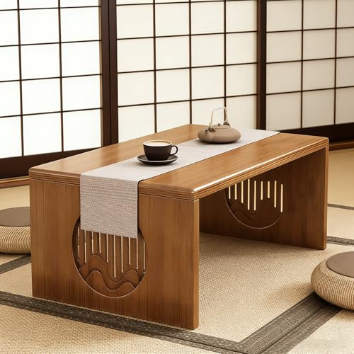 Faltbarer Japanischer Bodentisch Klappbarer Couchtisch Bambus, Japanischer Couchtisch Keine Montage, Tragbarer Massivholz Japanischer Klapptisch zum Sitzen auf dem Boden, Niedriger Meditationstisch