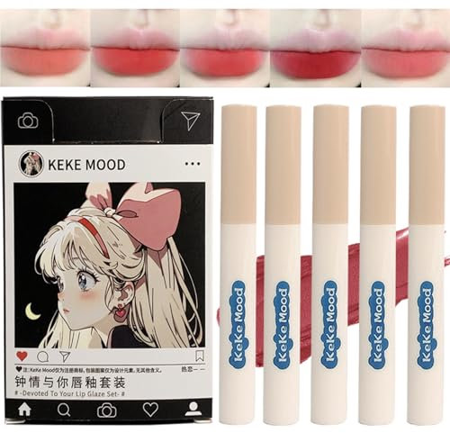 Domality 5Pcs Velvet Nude to Red Lip Tint Set with Japanese Manga Package, 5 Colors Creamy Matte Finish Liquid Lipstick, Long Lasting Waterproof Lip Stain Lip Mud for Cheeks and Lips
