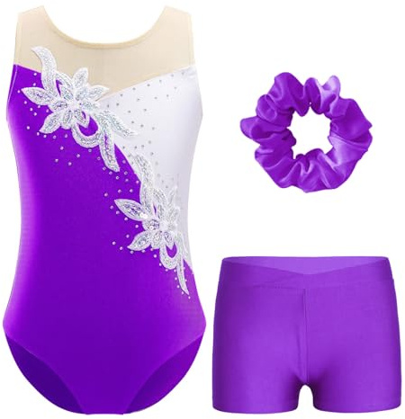 RUNQHUI Body da ginnastica da ragazza con elastico per capelli e pantaloncini, vestito da pattinaggio artistico, balletto, Tipo A viola, 3-4 Anni