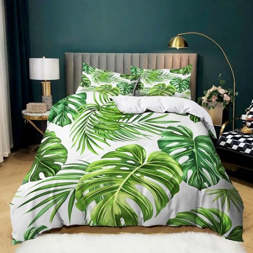 Generic Bettwäsche Set 3 Teilig Kinder Teenager Tropische Pflanzen Monstera-Blätter Palmen Thema Druck Weiche Bettbezüge mit Reißverschluss Schließung, Bettbezug Garnitur und Kissenbezug 135x200 cm