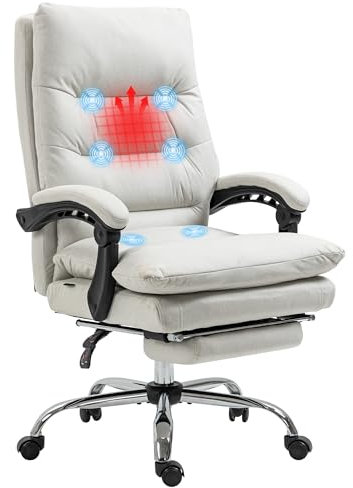 Vinsetto Bürostuhl mit Massagefunktion, Ergonomisch Schreibtischstuhl mit Liegefunktion, Heizfunktion, Höhenverstellbar Computerstuhl mit Fußstütze, Drehfunktion, Creme