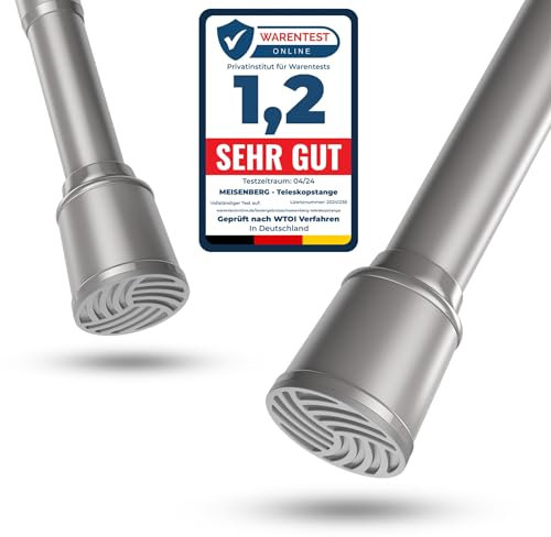 MEISENBERG Duschstange zum Klemmen 370-420cm, Grau, Ø 32 mm - Gardinenstange ohne Bohren - Teleskopstange Vorhang - Spannstange für Fenster, Dusche und Trennwand