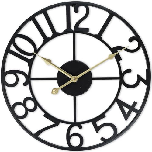 FB FunkyBuys Large Wall Clocks for Living Room Metal Wall Clock Silent Non-Ticking Roman Numerals Wall Clock for Indoor & Outdoor Vintage Clock for Bedroom (Numeral-Black, 60 CM (24))