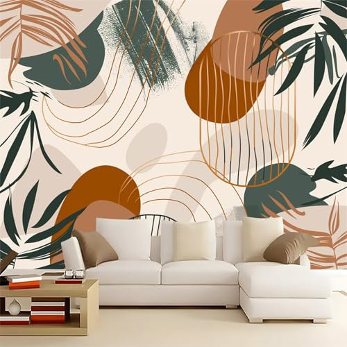 Chambre Papier Peint Panoramique Feuilles de Plantes Tropicales Abstraites Poster Geant Papier Peint Intissé Mural Beige pour Salon Canapé TV Fond Décoration Murale 400x280cm