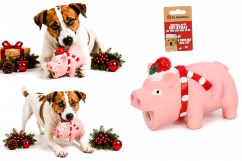 Flamingo Hundespielzeug – WEIHNACHTSSPIELZEUG – Ishaan Schwein Rosa – 9 cm – Latexspielzeug mit Grunzgeräusch