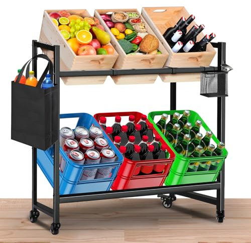 ThomP Getränkekistenregal 6 Kästen,Getränkekistenhalter aus Metall mit Wandbefestigung Flaschenöffner Rollen Kistenregal FlaschenkastenregalBierkistenregal für Garage Keller Speisekammer82x32x104cm