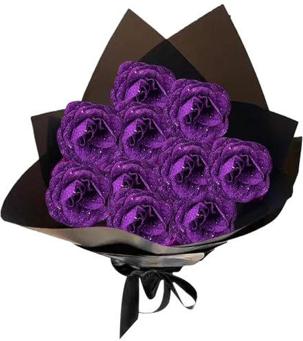 Glitter Roses Bouquet 1 Set Realistic Artificial Rose Bouquet Set Includes 10 Rose, 10 Stem, 2 Wrapping Paper & 2 Ribbon Romantic Everlasting Flower Bouquet for Wedding, Valentine, Purple