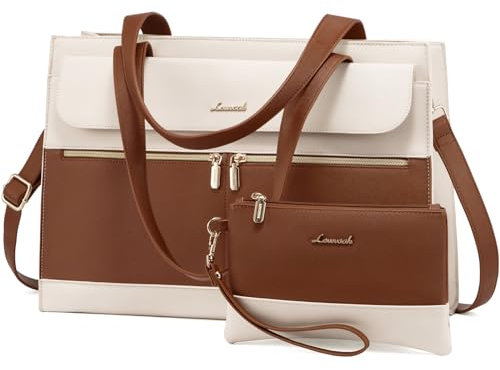 LOVEVOOK Laptop Tote Bags for Women 15.6 Inch Ladies Stylish PU Leather Handbags with Laptop Compartment Large Designer Office Shoulder Bag Womens for Work School Business Shopping, Brown