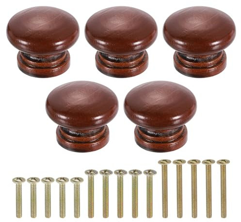 sourcing map 5Pcs Round Wood Drawer Knob, 1.26 x 0.98 Round Cabinet Knobs Mushroom Shape Paint Surface Wooden Knobs with Screws for Furniture Drawer Dresser Wardrobe Cupboard, Light Brown