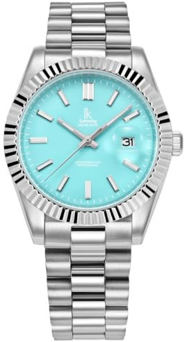 Alienwork Armbanduhr Herren Damen Silber Edelstahl Metallarmband Kalender Datum Hellblau Klassik Elegant
