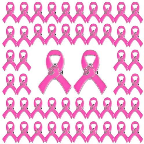 WANDIC 50 Stück Brustkrebs Broschen mit rosa Schleife, Pink Ribbon Brustkrebsnadeln Pin, Handshake-Form, für öffentliche Wohltätigkeitsorganisationen, Spendenaktionen, Metall