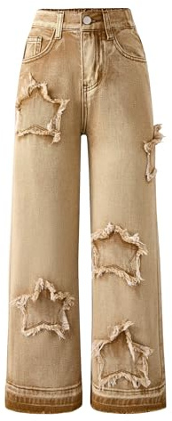SEAUR Pantalones vaqueros para niña de pierna ancha con cintura elástica Y2K Denim Jean pantalones rectos patrón de estrellas 130-160 = (EU 122-158), caqui, 152-158