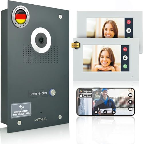 Mathfel IP WLAN Video Türsprechanlage 1-Familienhaus Anthrazit Unterputz - 170° Weitwinkel, 2 x 7 Zoll Monitor Full-HD, Nachtsicht, App-Steuerung - IP Türklingel mit Kamera, Türklingelanlage WLAN
