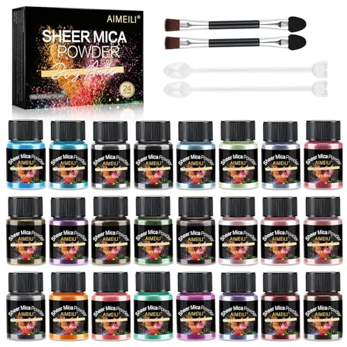 AIMEILI 24 Couleurs Poudre de Mica, Colorant Résine Époxy Poudre Brillante Fines Paillettes pour Ongles Nail Art, Maquillage, Corps, Coiffure, Fabrication Bougie, Savon, Peinture, avec Outils