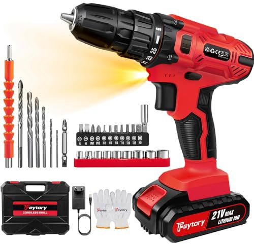 21V 29pcs Cordless Drill Set, Electric Power Drill with 1 Battery, 3/8'' Keyless Chuck, 45Nm, 25+1 Torque, 2 Variable Speeds & LED for Home and Garden DIY (Red)