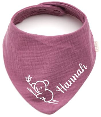 Personalisiertes Dreieckshalstuch aus Baumwolle/Musselin | Koala mit Namen | Halstuch für Jungen, Mädchen | Viele Farben (Purpur)