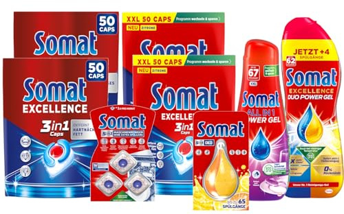 SOMAT Excellence 3in1 Caps 50 AW (2x) + Lemon 50 AW (2x) + Duo Power Gel + 5in1 Maschinenreiniger + Deo Zitrone & Orange + Power Gel 67 AW all in 1 – gründliche Reinigung und frischen Duft