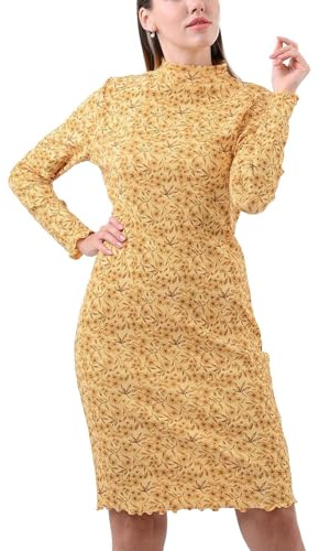 Enorsia Women’s Ribbed Crepe Midi Floral Bodycon Dress – Long Sleeve Lettuce Hem Slim Fit Casual Party Dress – Soft Stretchy Cotton Blend Dresses for Women in 3 Colours, 8-18 Sizes