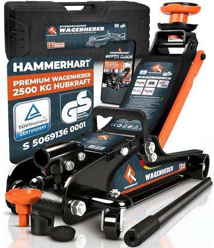 Hydraulischer Wagenheber 2,5T | TÜV geprüfter Premium Rangierwagenheber 85–384mm Hubhöhe | Wagenheber flach mit 360° Rollen - 2,5 Tonnen Jack [Testsieger] mit Gummiauflagen & Koffer