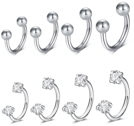 Fundeedrr 8er Septum Hufeisen Piercing Set Edelstahl mit Zirkon 16G 6/8/10/12mm, Für Silber Septum Lippe Nasen Tragus Labret Lippenpiercing & Nasenpiercing
