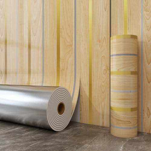 ANBILILA Selbstklebende Wandaufkleber aus Holz goldene Streifen Holzmaserung Hintergrundverdickung Tapete 40x300cm selbstklebende IXPE-PVC-Aufkleber Rolle (CSTJ026, 40X300CM)