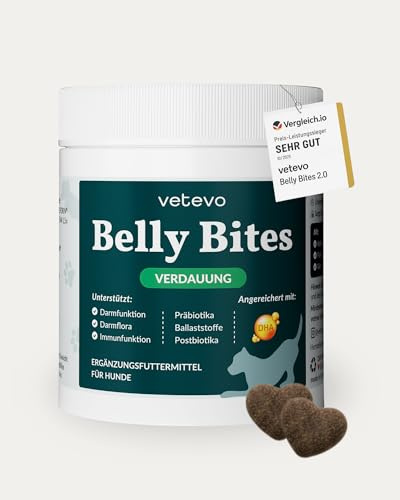 vetevo Belly Bites Hund - Verdauungssnacks mit Ente - Darmflora - 300 g | Mit Flohsamenschalen, Heilmoor, FOS, MOS & Probiotikum CALSPORIN, bei weichem Stuhl, Durchfall & Blähungen