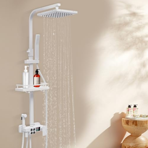 Thermostat Duschsystem LED-Display Duscharmatur Komplettset mit 4 Wasserauslassmodi und Verstellbare Regalböden Duschset Wandmontage Höhenverstellbar Weiß