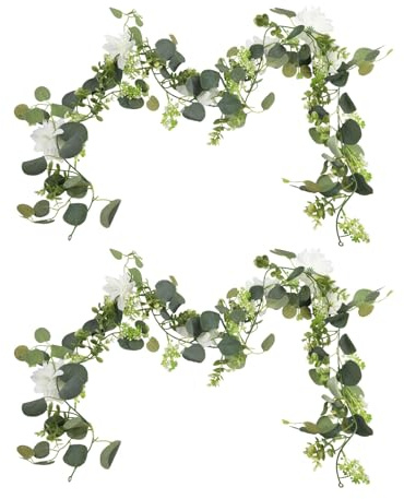 Gettimore Elegante weiße Dahlien- und Eukalyptus-Girlande, 2 Stück, 3,6 m, für Hochzeit, Heimdekoration, flexible Seidenblumenrebe mit weißen Beeren