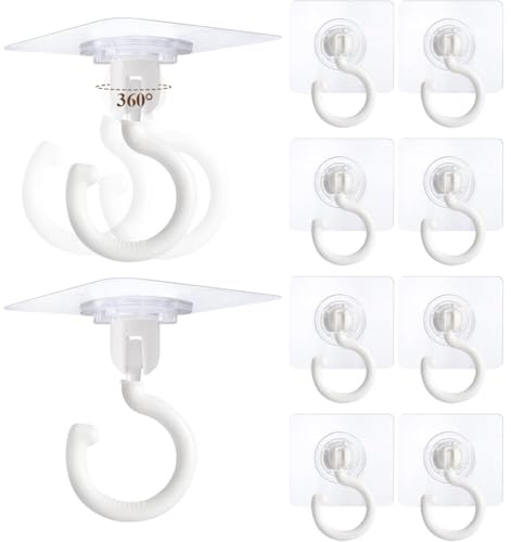 10 Pièces 360° Rotatif Crochet Adhésif Plafond, Accroche Plafond Sans Percer, Crochet Plafond Fixation Murale Sans Percer, Pour Cuisines Et Salles De Bain, Blanc