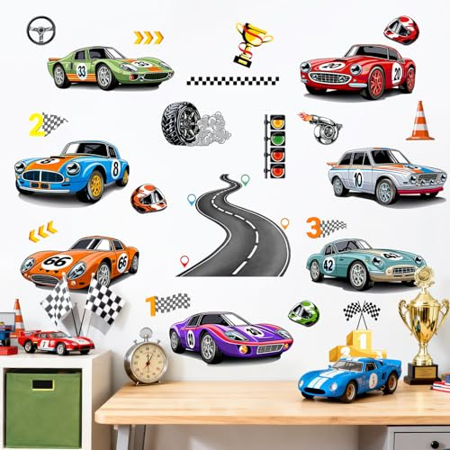 Tanlaby Wandtattoo Auto 7 Rennwagen Wandsticker Kinderzimmer Jungen | Vintage Rennauto Wandaufkleber Sportwagen Rennstrecke Wanddeko für Jungenzimmer Babyzimmer Schlafzimmer Spielzimmer