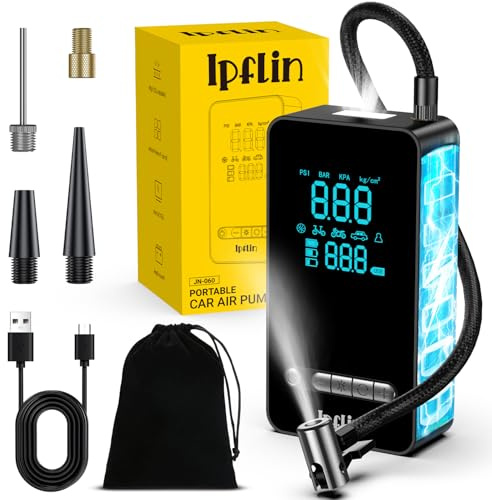 Ipflin Tyre Inflator Cordles Compressor - Portable Electric Bike Pump 150 PSI with Digital Display,Rechargeable Tyre Accessories for Car,Bike and Motorbike with Pressure Gauge and LED Light
