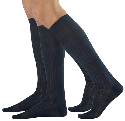 CALZITALY Calcetines de Hilo de Escocia, Calcetines de Algodón de Vestir para Traje - 2 Pares Largos (39-41) - Azul Marino Canalé - Hechos en Italia