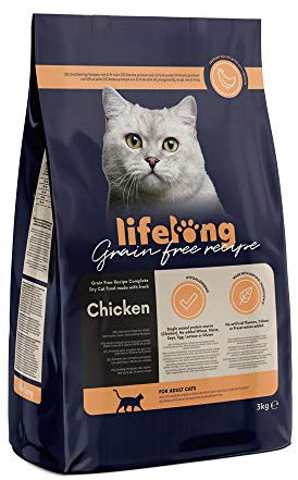 Amazon-Marke: Lifelong - Katzenfutter für ausgewachsene Katzen, Fein zubereitetes Trockenfutter mit frischem Huhn, Getreidefreie Rezeptur, 3 kg (1er-Pack)