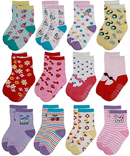 Yafane 12 Pares de Calcetines Antideslizantes para Niños Pequeños Algodón Lindo con Puños Calcetines Antideslizantes para Bebés (Niñas, 1-3 años)