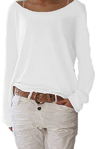 ZIOOER Damen Langarm T-Shirt Rundhals Ausschnitt Bluse Langarmshirts Hemd Pullover Sweatshirt Oberteil Tops Shirts C Weiß L