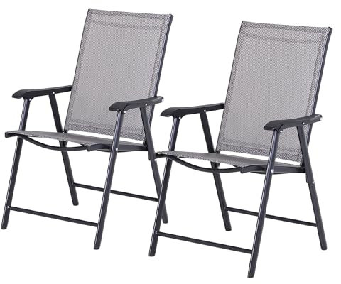 Outsunny Set of 2 Folding Garden Chairs, Metal Frame Garden Chairs Outdoor Patio Park Dining Seat with Breathable Mesh Seat, Grey