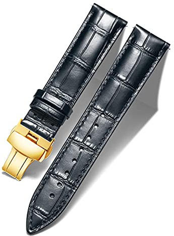 BINLUN Leder Uhrenarmband Lederarmband Ersatz Uhrenarmbänder für Herren Damen mit Silber/Gold/Roségold Schmetterling Faltschließe 12-24mm(14mm Schwarz-Gold Schnalle)