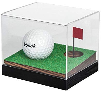 J JACKCUBE DESIGN Clear Acrylic Golf Ball Memorabilia Display Case, Dust Protection Transparent Holder Storage Box for Souvenir Golfball with Wood Base - MK650A (Wood)
