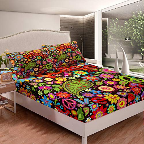 Tbrand Boho Paisley Druck Spannbetttuch Buntes Blumenbett Spannbettlaken 160x200cm für Frauen Böhmischer exotischer Stil Bettlaken Set Blütenblumen Design 2St