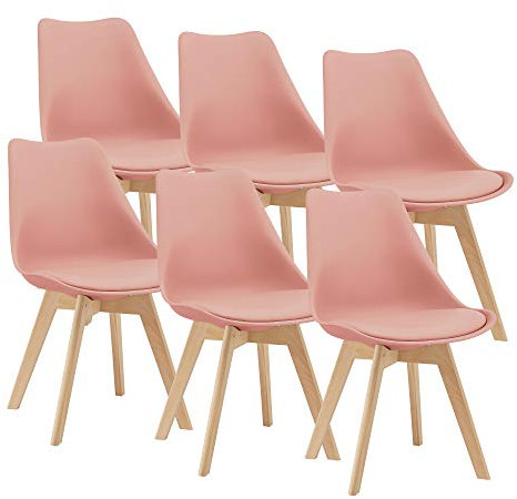 [en.casa] Juego de Sillas de Comedor Fläten Pack 6 Sillas Tapizadas Nórdicas Versátil Asiento Acolchado de Cocina Patas de Madera de Haya Cubierta Cuero Sintético 82x49x54cm - Rosa