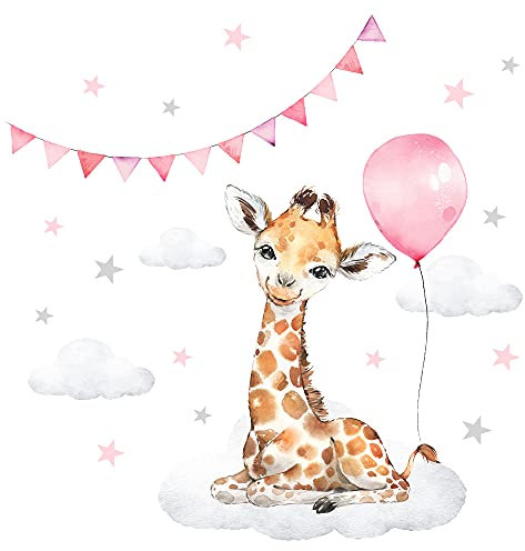 Little Deco Wandsticker Wandtattoo Kinderzimmer Deko Mädchen Tiere Giraffe rosa Ballon Wolken Aufkleber Babyzimmer Spielzimmer Wandbild selbstklebend DL681-2
