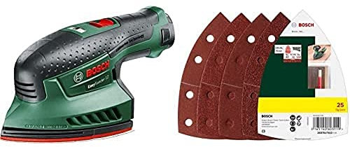 Bosch Home and Garden Cordless Multi-Sander EasySander 12 (1 Battery, 12 Volt System, 3X Sanding Plates, in Carrying case) + 25 pc. Sanding Sheet Set (Multi-Material, Grit Size 40/80/120/180)