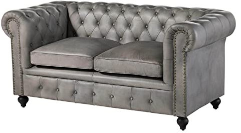 MASSIVMOEBEL24.DE Canapé 2 Places en Cuir véritable Gris Chesterfield #202